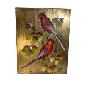 MCM Hand Painted Birds on Gold Leaf Background Original Acrylic VTG 10x7.75"